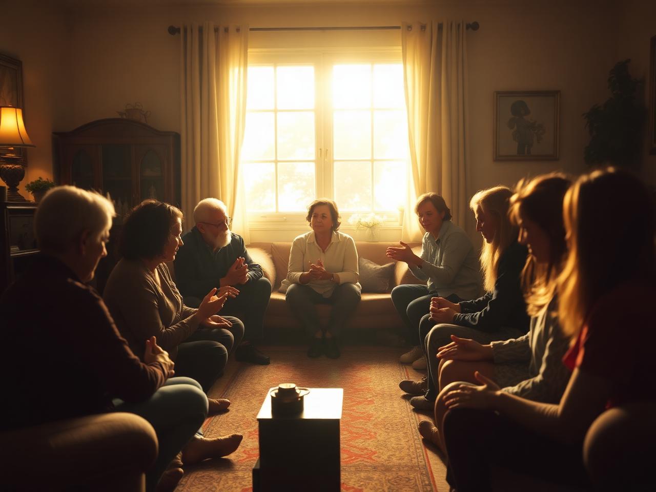 Pequeno grupo reunido orando em uma sala acolhedora