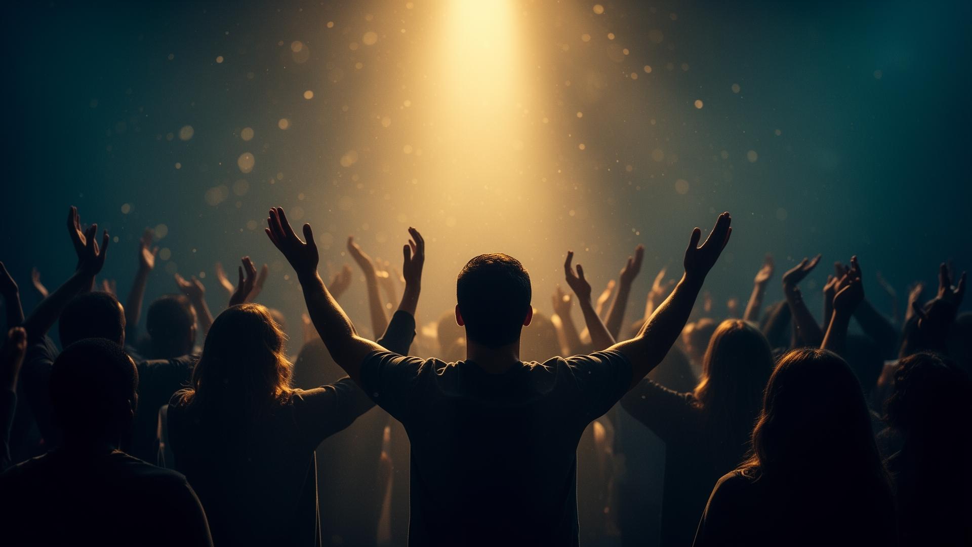 Pessoas em adoração com mãos levantadas sob feixe de luz dourada