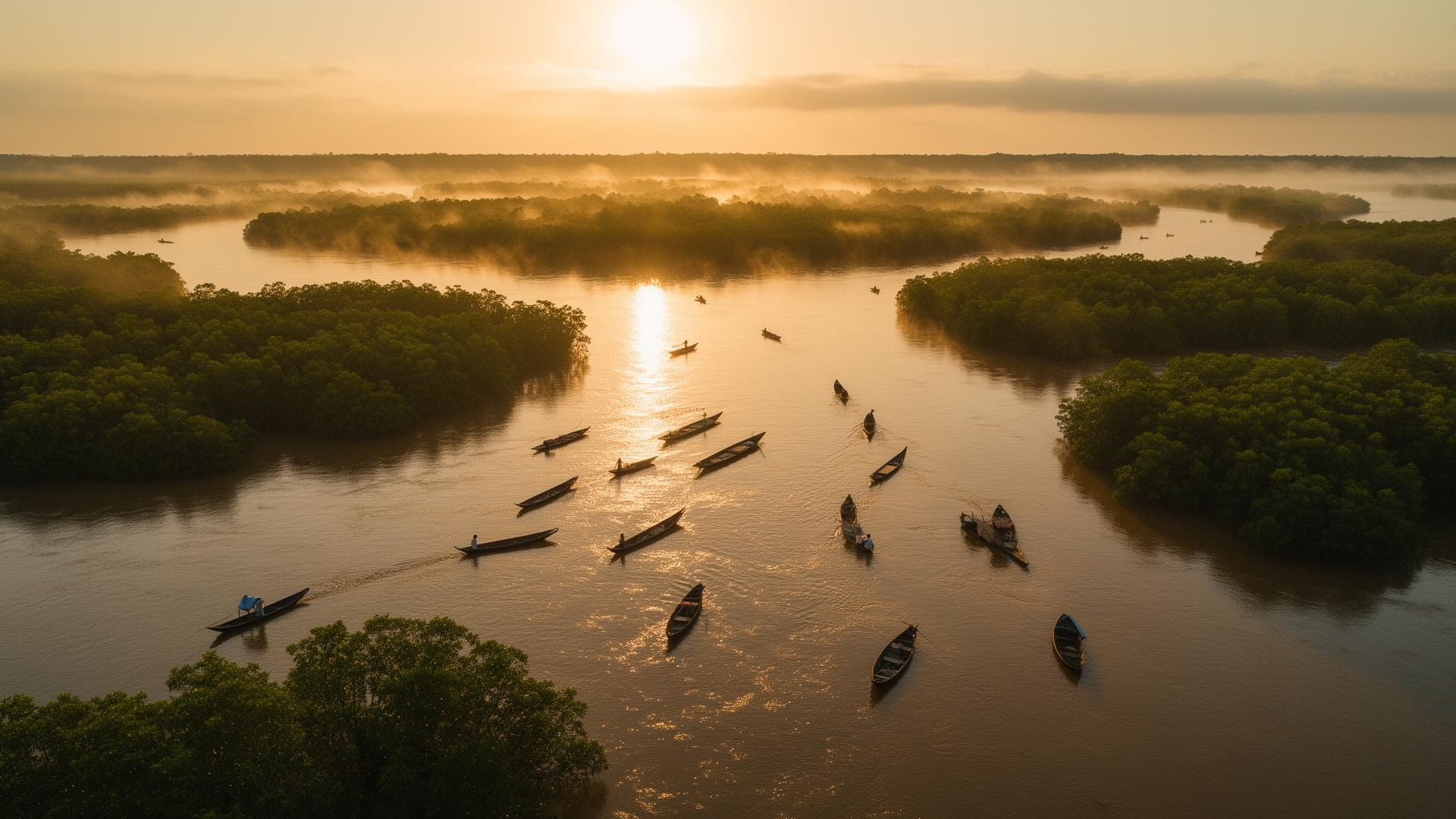 Vista aérea do delta do rio Amazonas com pequenos barcos ao pôr do sol